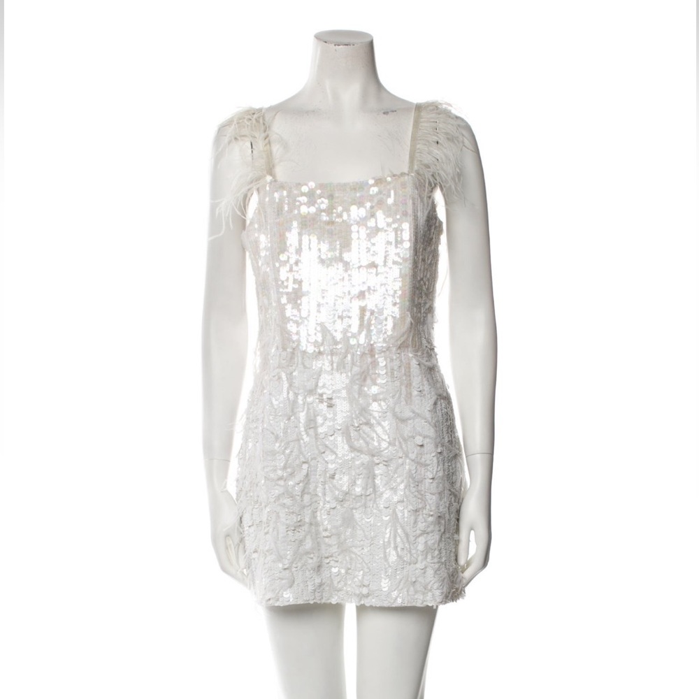Retrofete Ivory Sequin Feather Mini Dress